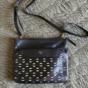 Fossil Black and Champagne Patterned Crossbody Bag